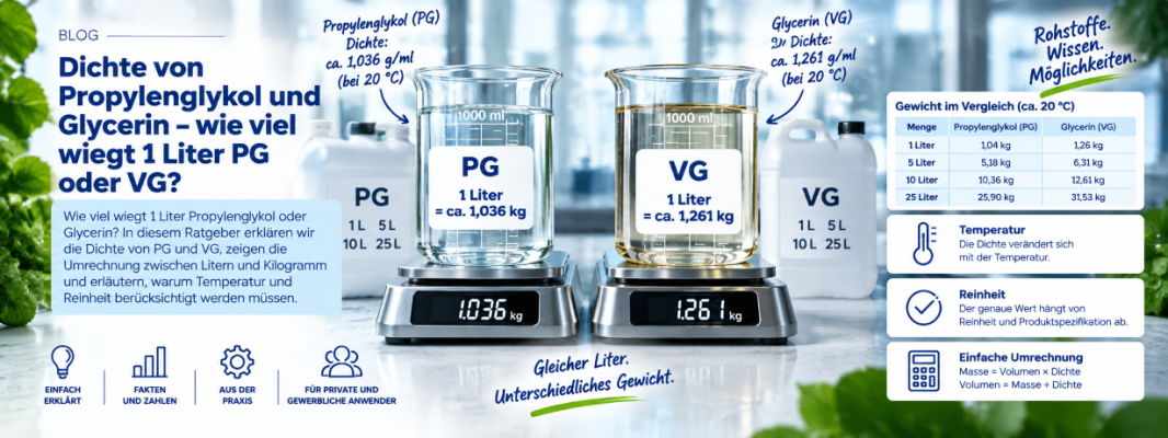 Dichte von Propylenglykol und Glycerin – wie viel wiegt 1 Liter PG oder VG? - Dichte von PG &amp; VG | Wie viel wiegt 1 Liter?