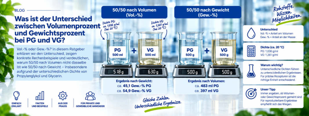Was ist der Unterschied zwischen Volumenprozent und Gewichtsprozent bei PG und VG? - Volumenprozent vs. Gewichtsprozent bei PG &amp; VG erklärt