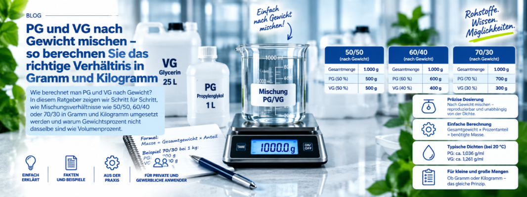 PG und VG nach Gewicht mischen – so berechnen Sie das richtige Verhältnis in Gramm und Kilogramm - PG &amp; VG nach Gewicht mischen | Verhältnis in g und kg berechnen