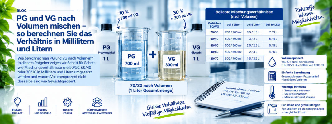 PG und VG nach Volumen mischen – so berechnen Sie das Verhältnis in Millilitern und Litern - PG &amp; VG nach Volumen mischen | Verhältnis in ml und Liter berechnen