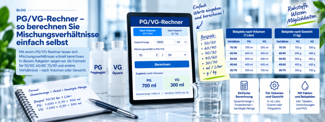 PG/VG-Rechner – so berechnen Sie Mischungsverhältnisse einfach selbst - PG/VG-Rechner | Mischungsverhältnisse einfach berechnen