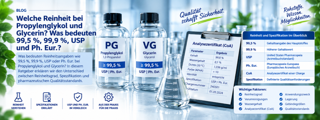 Welche Reinheit bei Propylenglykol und Glycerin? Was bedeuten 99,5 %, 99,9 %, USP und Ph. Eur.? - PG &amp; VG Reinheit erklärt | 99,5 %, 99,9 %, USP &amp; Ph. Eur.